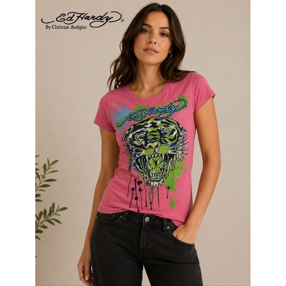 Ed Hardy Womens Tiger Graphic Puff Paint T-Shirt Pink Short Sleeve Medium